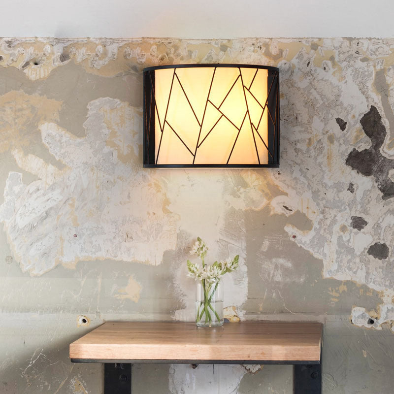 Modern Half-Cylinder Wall Lamp 2-Light Fabric Wire Frame Shade Wall Sconce Light in Black