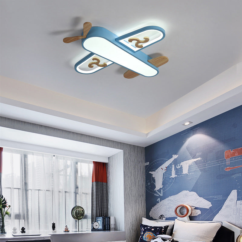 Plane Flush Ceiling Light Childrens Metal LED Flushmount Light with Wood Decoration for Bedroom