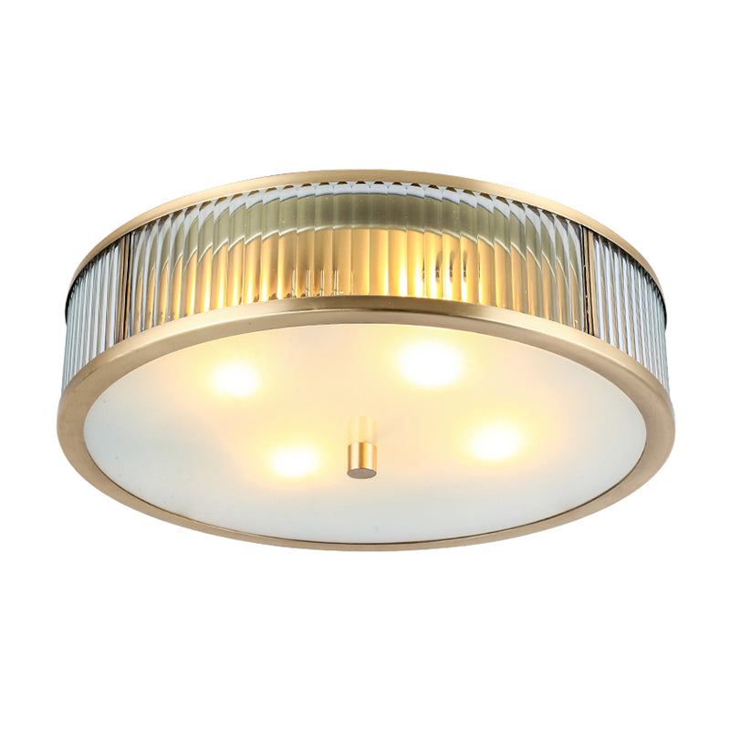 Simplicity Drum Shaped Flush Mount Lamp Clear Ribbed Glass Ceiling Light in Brass for Bedroom