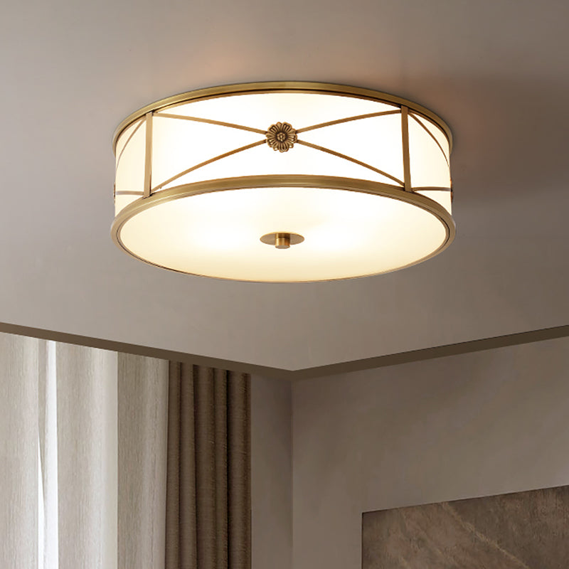 Drum Shaped Flush Mount Light Minimalist Brass White Glass Ceiling Lamp for Bedroom