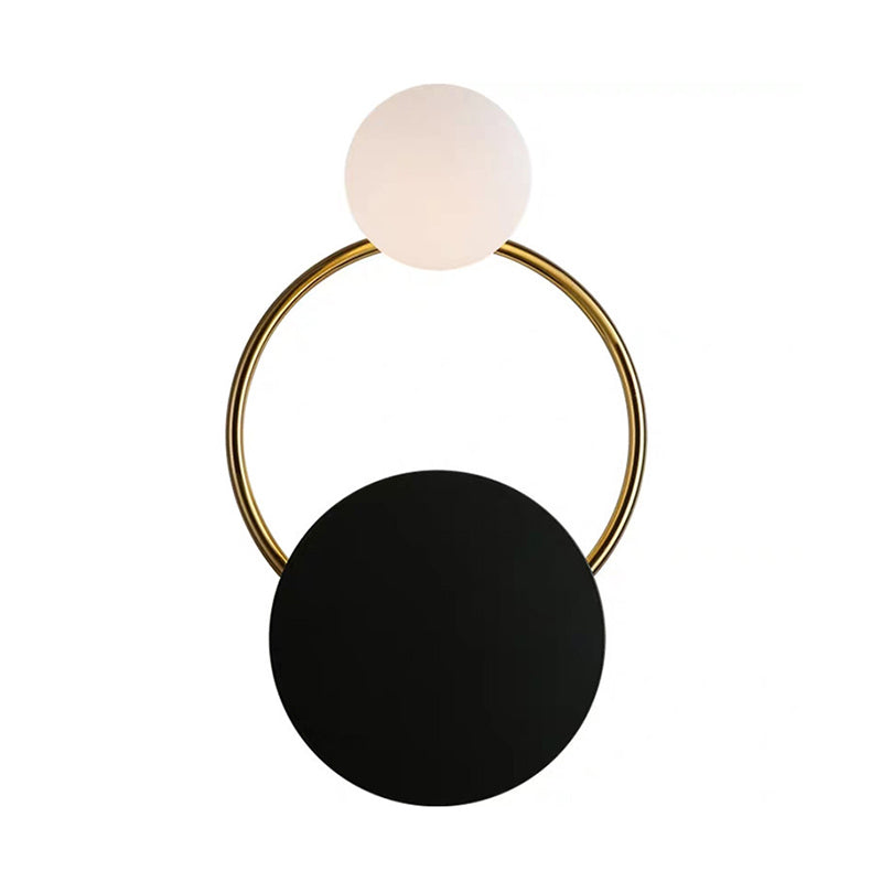 2-Bulb Opaline Glass Wall Light Vintage Style Black Globe Bedroom Wall Sconce with Round Backplate