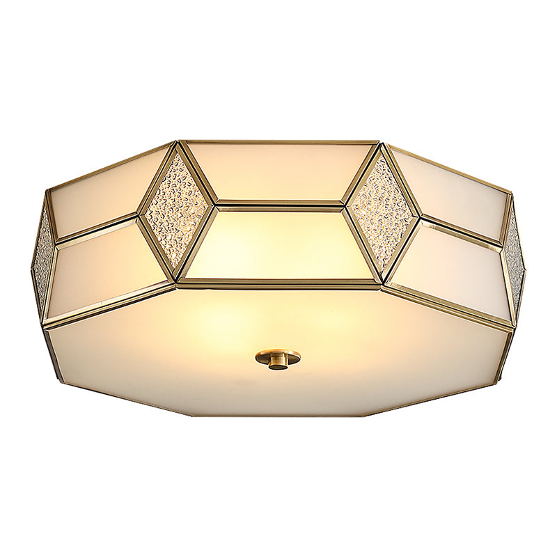 Octagon Bedroom Flush Light Fixture Minimalistic Textured White Glass Brass Ceiling Mount Light