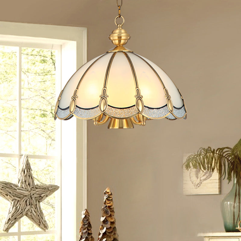 Umbrella Shaped Dining Room Pendant Lamp Antique Opal Glass Gold Chandelier Light Fixture