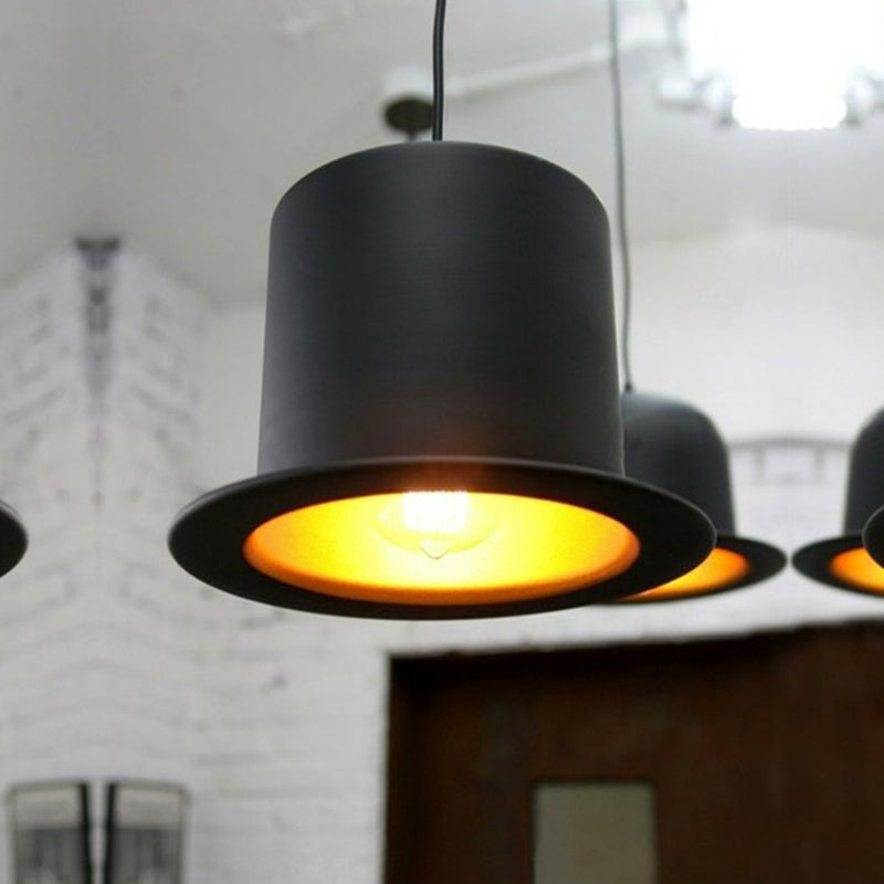 Black Gentleman Hat Shaped Hanging Lamp Loft 1 Bulb Metal Ceiling Light for Dining Room