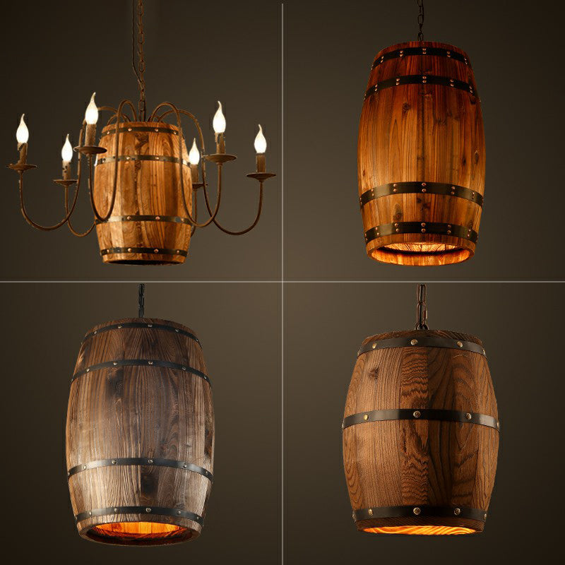 Wooden Wine Barrel Pendant Light Fixture Rustic 1-Light Brown Suspension Lighting for Bistro
