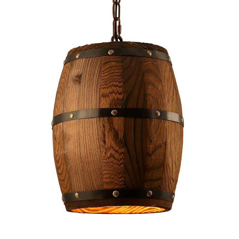 Wooden Wine Barrel Pendant Light Fixture Rustic 1-Light Brown Suspension Lighting for Bistro