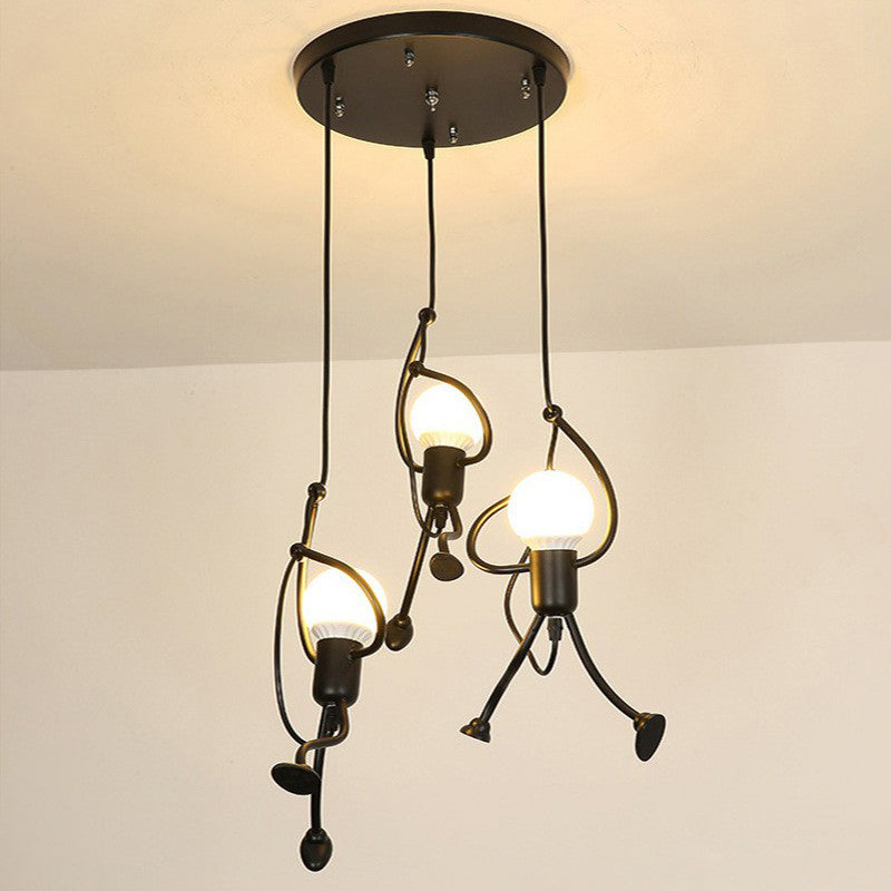 Black Stick Figure Multi Ceiling Light Decorative 3-Bulb Metal Hanging Light Fixture