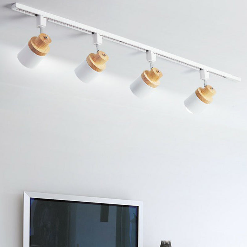 Nordic Cylindrical Flush Mount Spotlight Metal Bedroom Semi Flush Track Light with Wood Deco