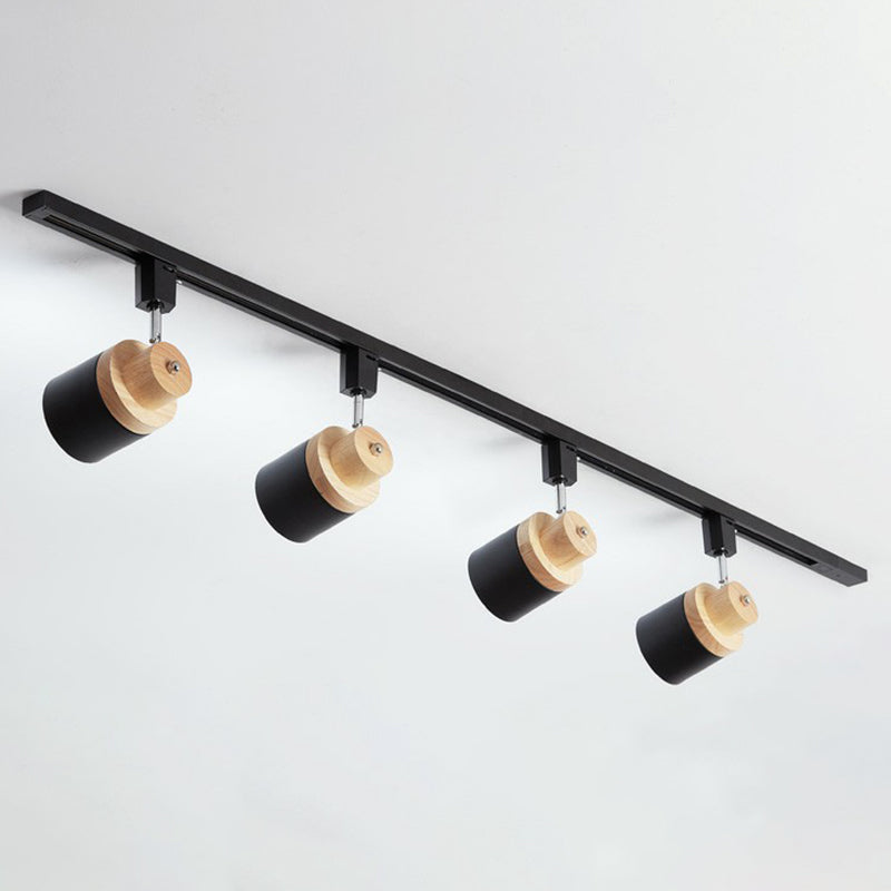 Nordic Cylindrical Flush Mount Spotlight Metal Bedroom Semi Flush Track Light with Wood Deco