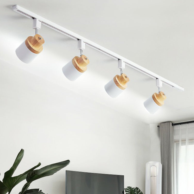 Nordic Cylindrical Flush Mount Spotlight Metal Bedroom Semi Flush Track Light with Wood Deco