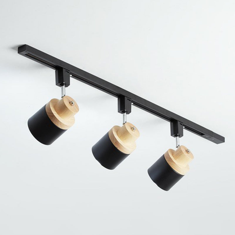 Nordic Cylindrical Flush Mount Spotlight Metal Bedroom Semi Flush Track Light with Wood Deco