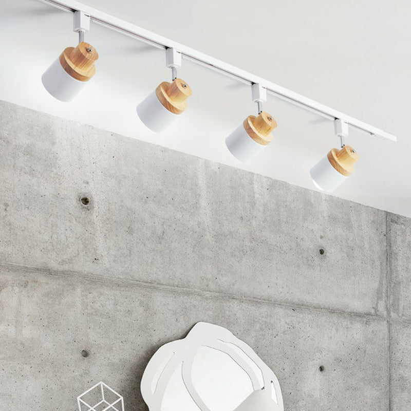 Nordic Cylindrical Flush Mount Spotlight Metal Bedroom Semi Flush Track Light with Wood Deco