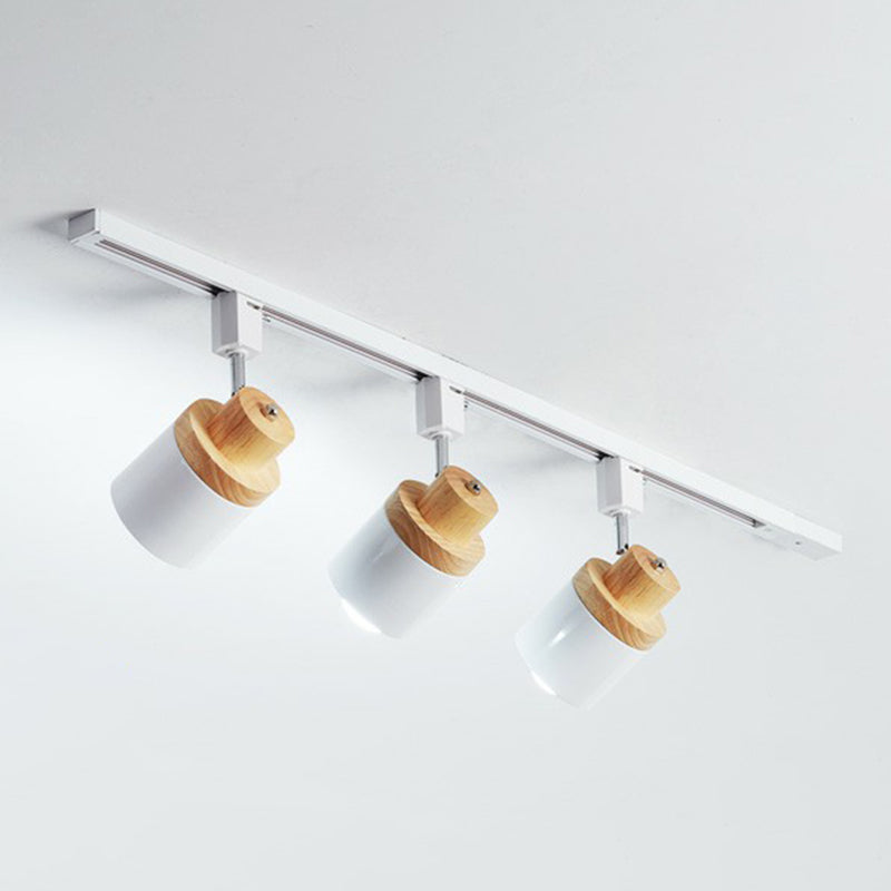 Nordic Cylindrical Flush Mount Spotlight Metal Bedroom Semi Flush Track Light with Wood Deco