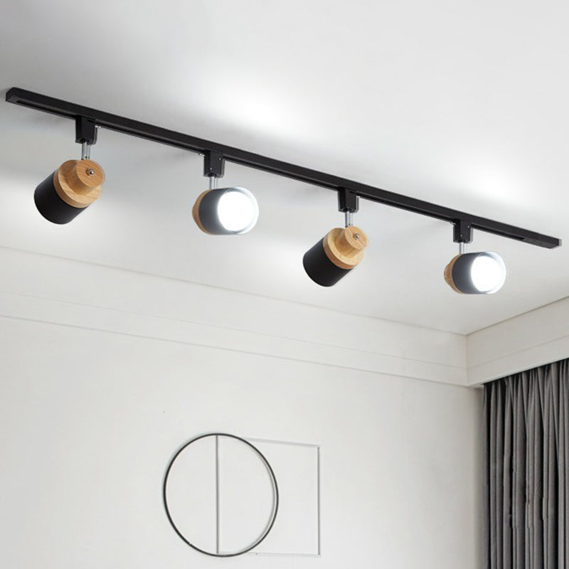 Nordic Cylindrical Flush Mount Spotlight Metal Bedroom Semi Flush Track Light with Wood Deco