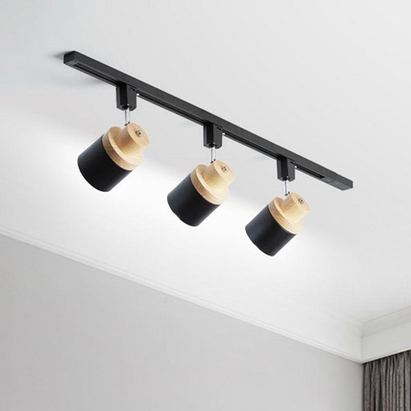 Nordic Cylindrical Flush Mount Spotlight Metal Bedroom Semi Flush Track Light with Wood Deco