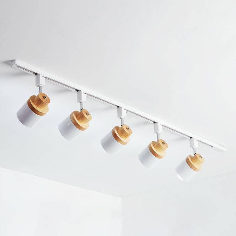 Nordic Cylindrical Flush Mount Spotlight Metal Bedroom Semi Flush Track Light with Wood Deco