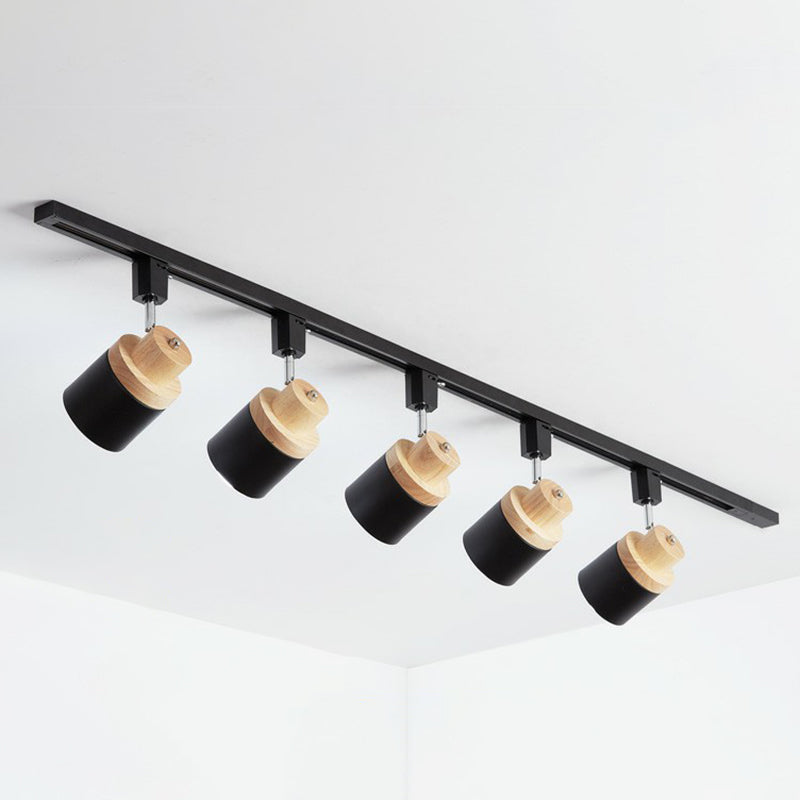 Nordic Cylindrical Flush Mount Spotlight Metal Bedroom Semi Flush Track Light with Wood Deco