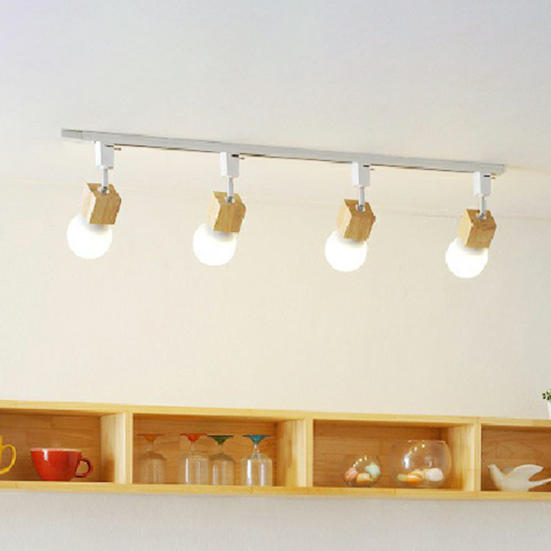Exposed Bulb Track Lighting Simplicity Wooden 4-Light Dining Room Semi Flush Ceiling Light in White