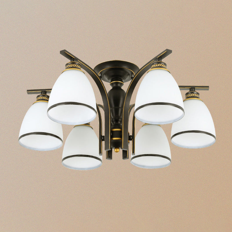 Minimalist Bell Shape Ceiling Light Cream Glass Semi Flush Light in Black for Dining Room