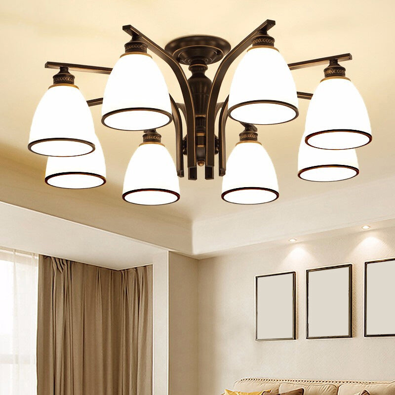Minimalist Bell Shape Ceiling Light Cream Glass Semi Flush Light in Black for Dining Room