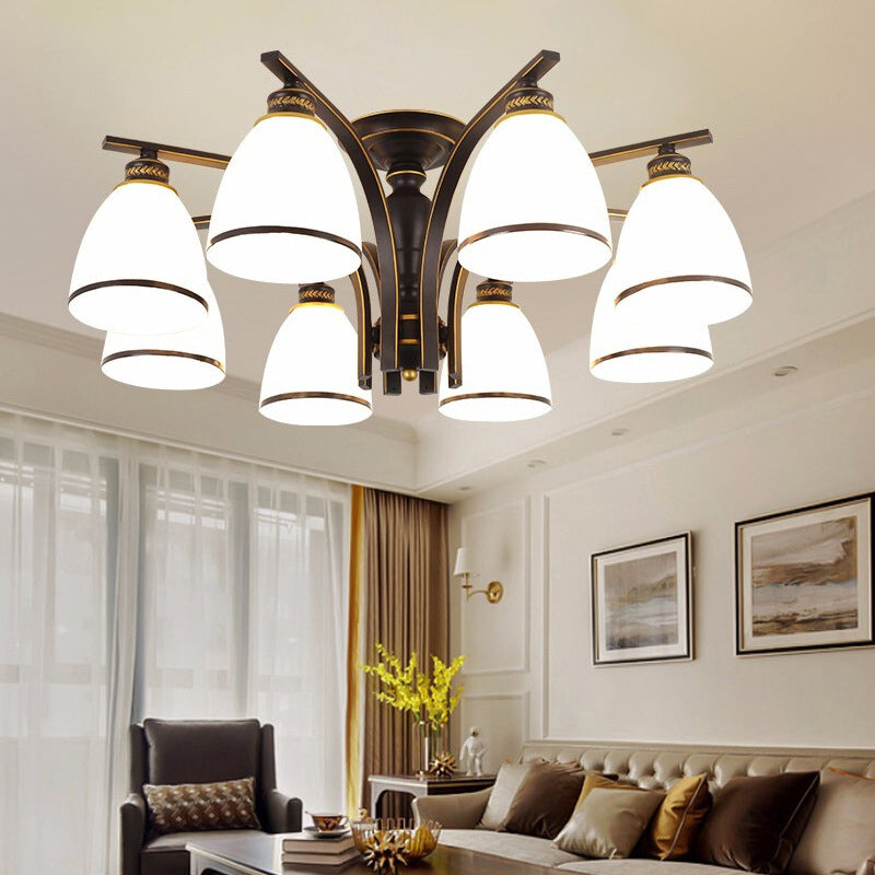 Minimalist Bell Shape Ceiling Light Cream Glass Semi Flush Light in Black for Dining Room