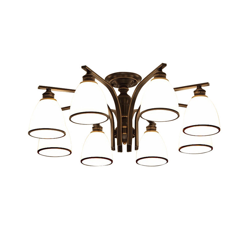 Minimalist Bell Shape Ceiling Light Cream Glass Semi Flush Light in Black for Dining Room