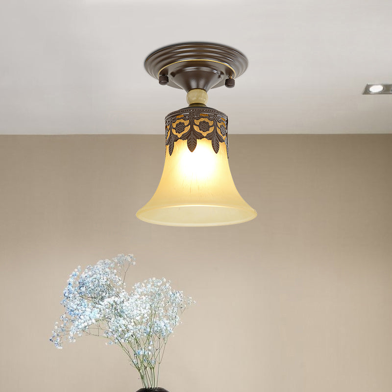 Single Trumpet Flare Flush Ceiling Light Countryside Beige Frosted Glass Semi Mount Lighting for Foyer