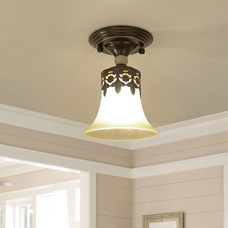 Single Trumpet Flare Flush Ceiling Light Countryside Beige Frosted Glass Semi Mount Lighting for Foyer