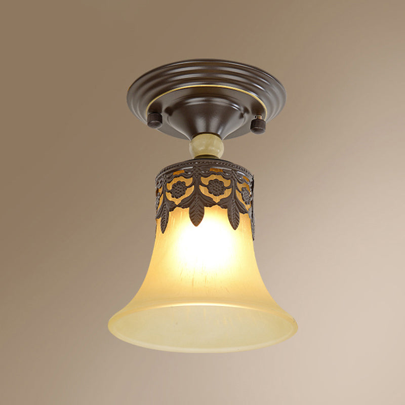 Single Trumpet Flare Flush Ceiling Light Countryside Beige Frosted Glass Semi Mount Lighting for Foyer