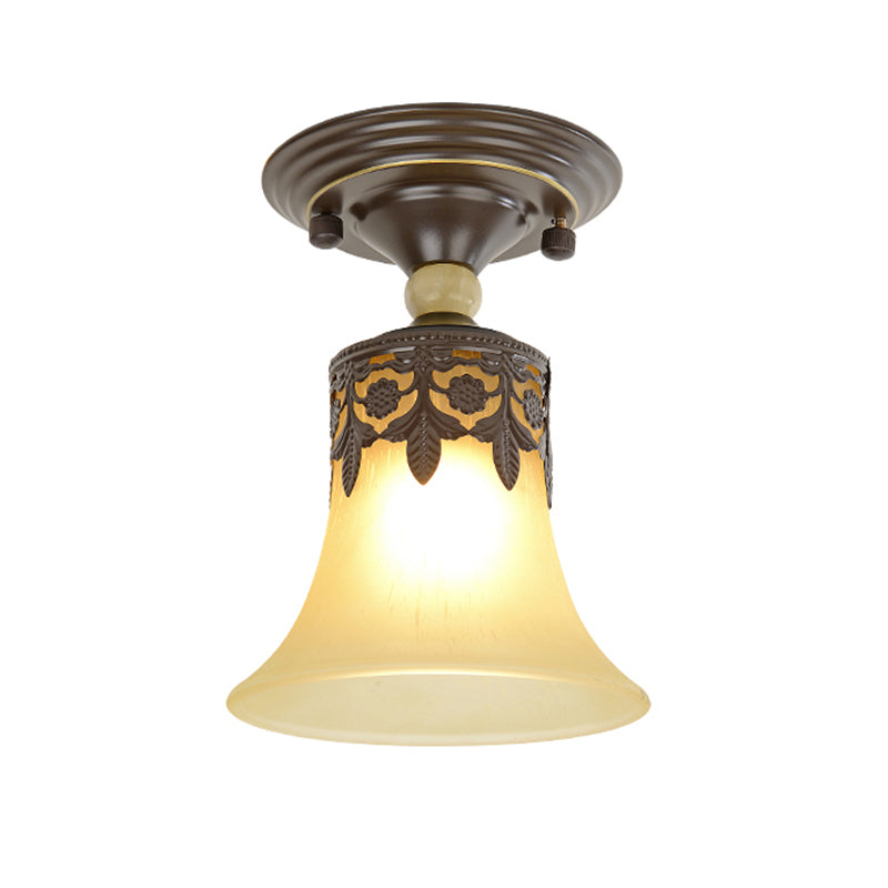 Single Trumpet Flare Flush Ceiling Light Countryside Beige Frosted Glass Semi Mount Lighting for Foyer