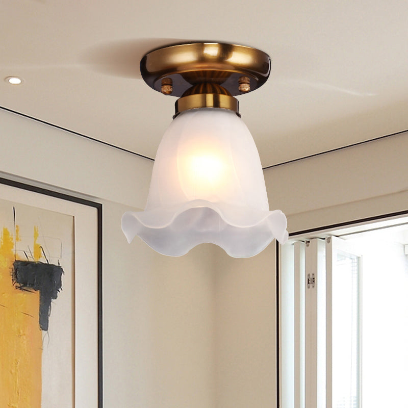 1 Bulb Frosted White Glass Flush Light Rustic Floral Bedroom Ceiling Mount Light Fixture