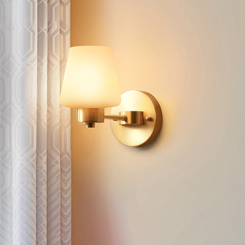 Minimalist Conic Wall Lamp Sconce 1-Bulb Cream Glass Wall Mounted Light in Brass for Dining Room
