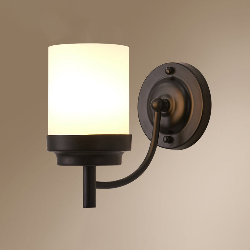 Single-Bulb Wall Sconce Simplicity Cylinder White Glass Wall Light Fixture in Black