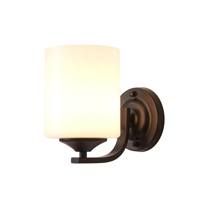 Single-Bulb Wall Sconce Simplicity Cylinder White Glass Wall Light Fixture in Black