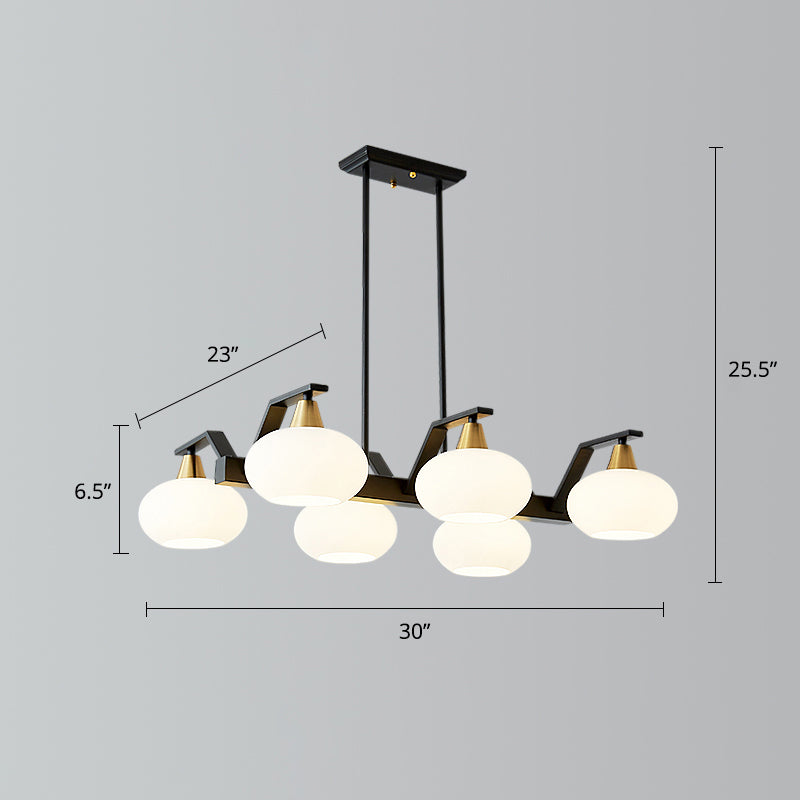 Black Linear Hanging Lamp Minimalism Dining Room Island Light with Oval Opal Glass Shade