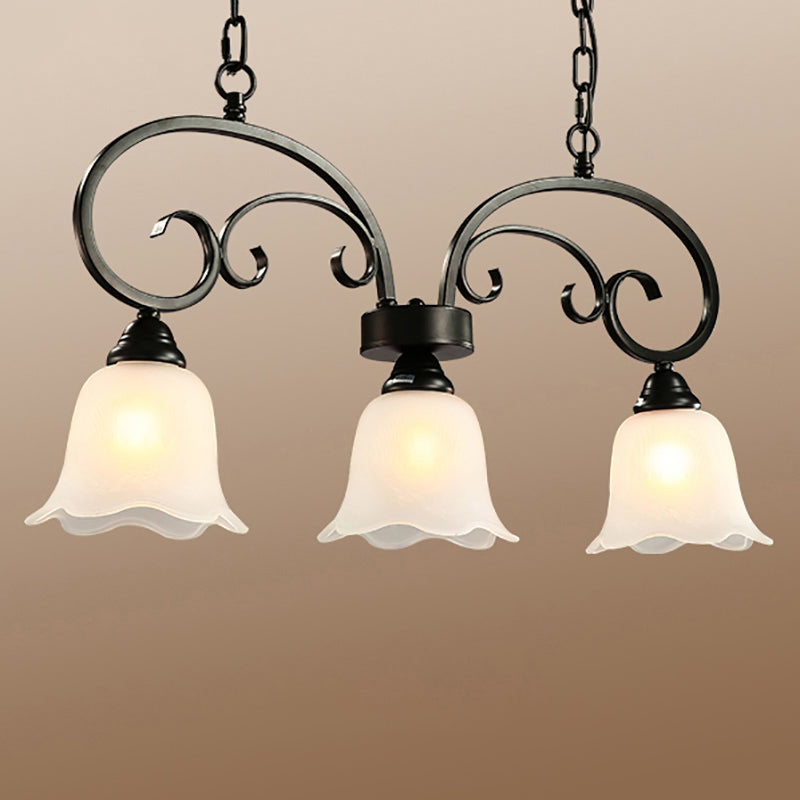 3 Lights Frosted White Glass Island Pendant Rustic Black Floral Swirls Restaurant Hanging Lamp