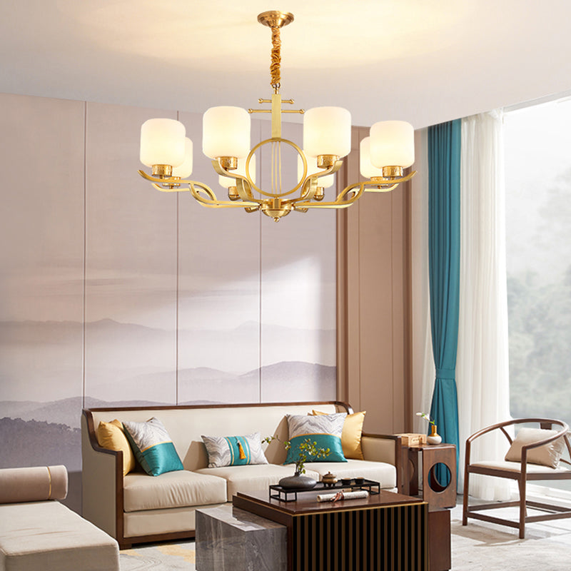 Chandelier Light Traditional Living Room Pendant Light with Cylinder Milk Glass Shade in Brass