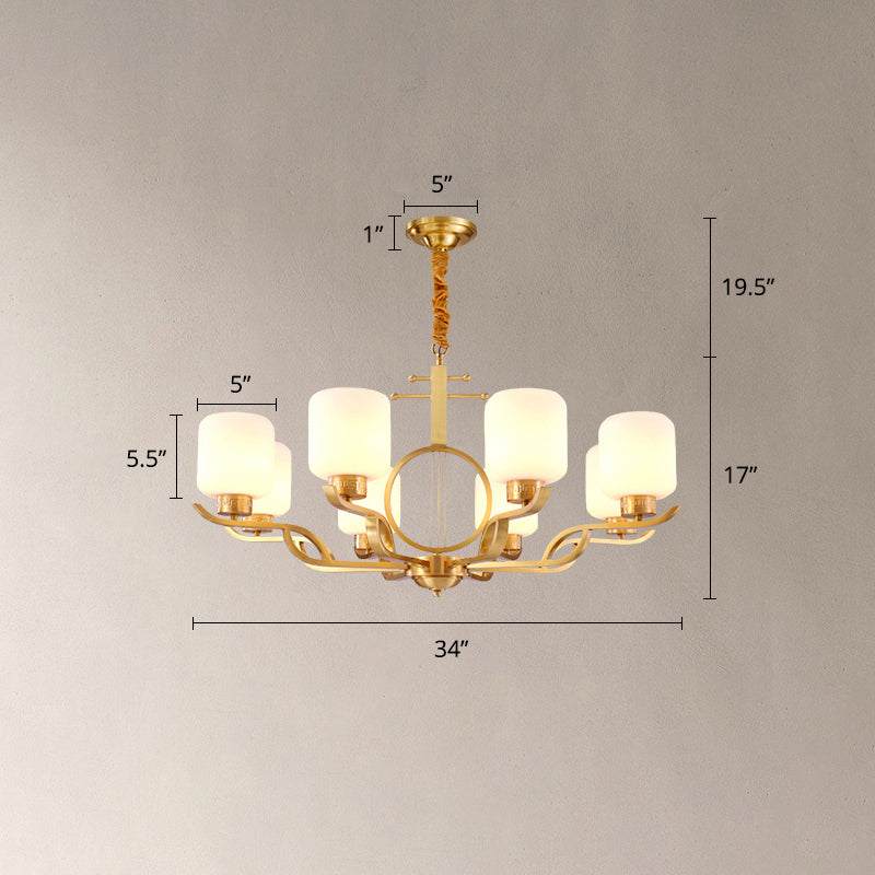 Chandelier Light Traditional Living Room Pendant Light with Cylinder Milk Glass Shade in Brass