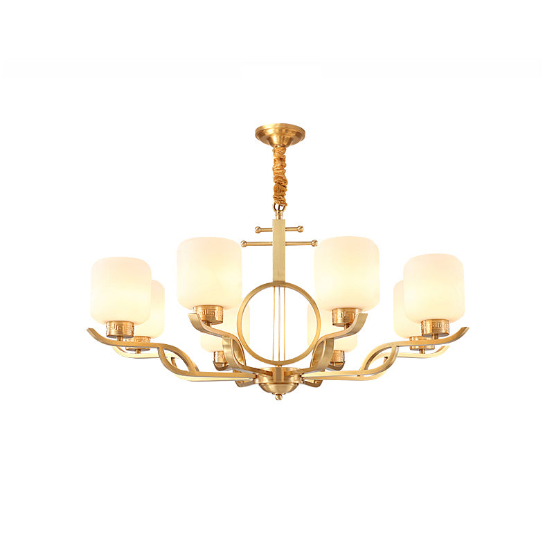 Chandelier Light Traditional Living Room Pendant Light with Cylinder Milk Glass Shade in Brass