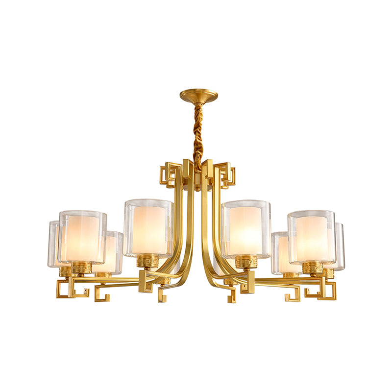 2-Layered Glass Chandelier Antique Style Restaurant Suspension Pendant Light in Brass