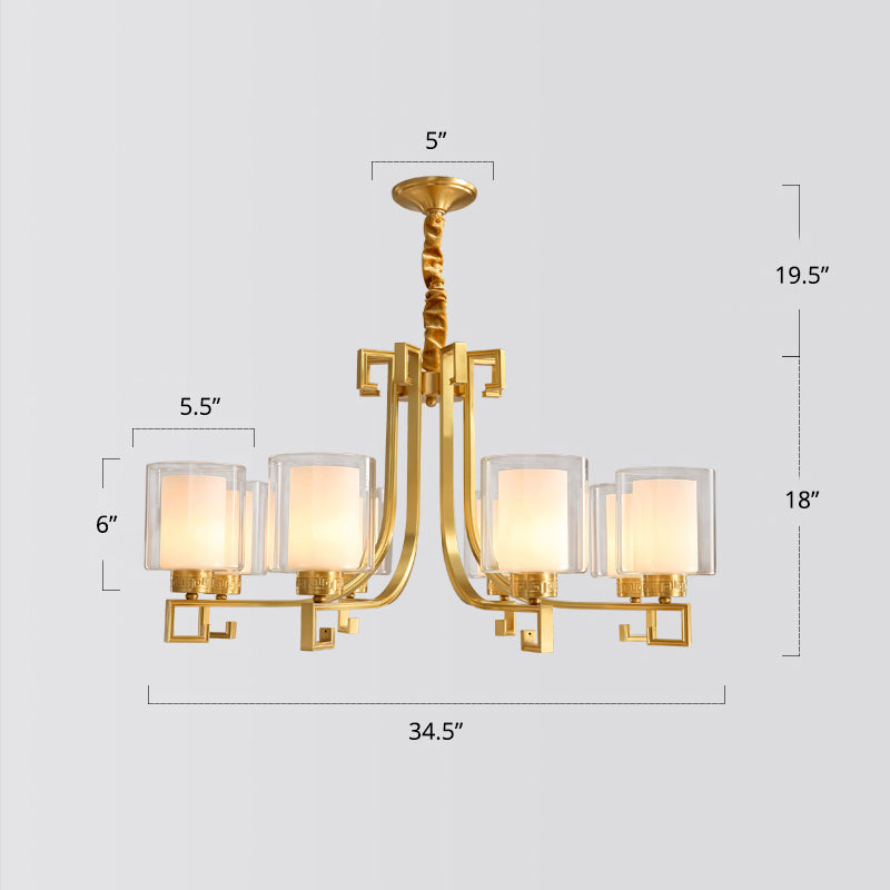 2-Layered Glass Chandelier Antique Style Restaurant Suspension Pendant Light in Brass