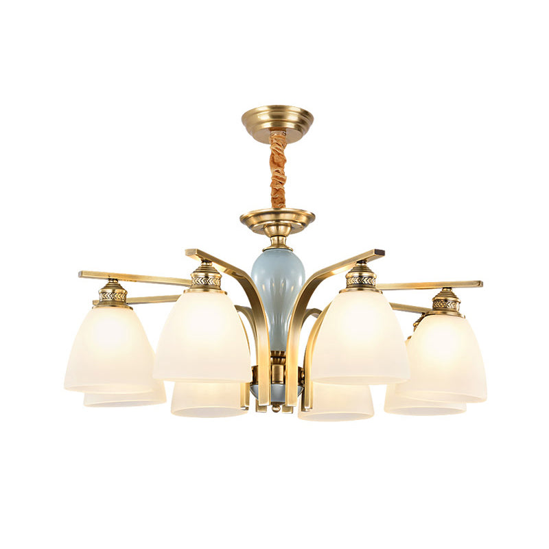 Frosted Glass Brass-Blue Chandelier Bell Shaped Antique Style Hanging Light with Ceramic Deco
