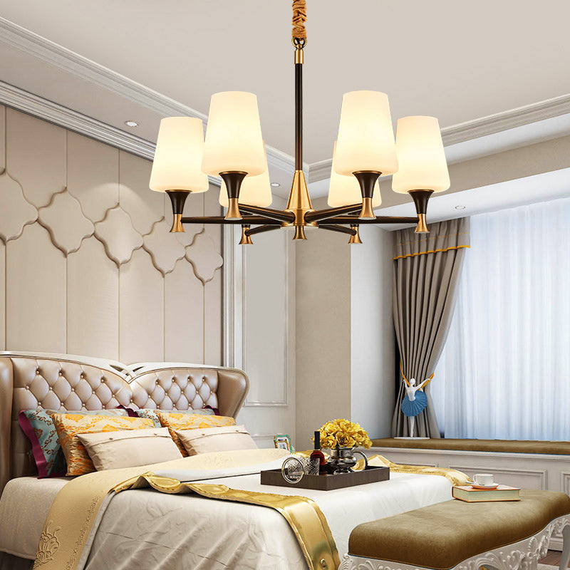 Conical White Glass Chandelier Light Traditional Bedroom Ceiling Suspension Lamp in Black