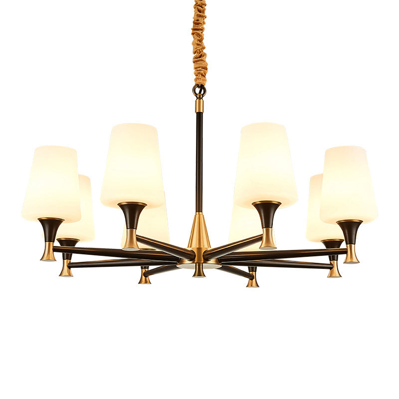 Conical White Glass Chandelier Light Traditional Bedroom Ceiling Suspension Lamp in Black