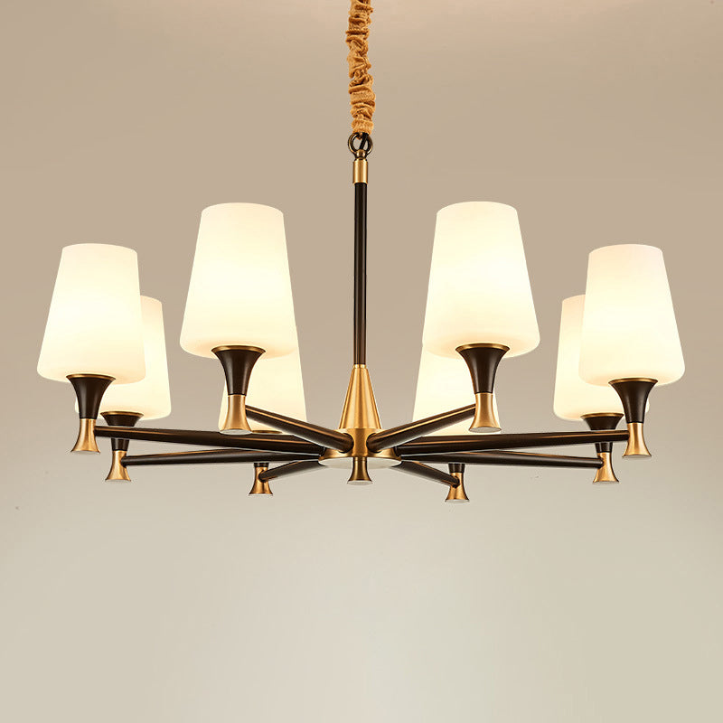 Conical White Glass Chandelier Light Traditional Bedroom Ceiling Suspension Lamp in Black