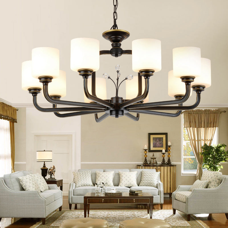 Cylinder Living Room Hanging Pendant Light Vintage Style Milky Glass Chandelier Lamp