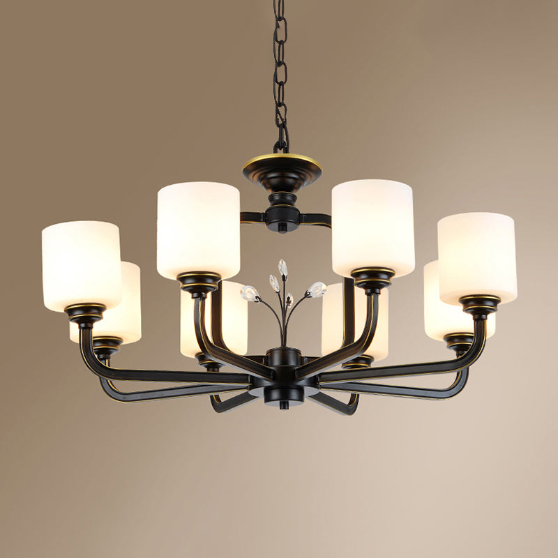 Cylinder Living Room Hanging Pendant Light Vintage Style Milky Glass Chandelier Lamp