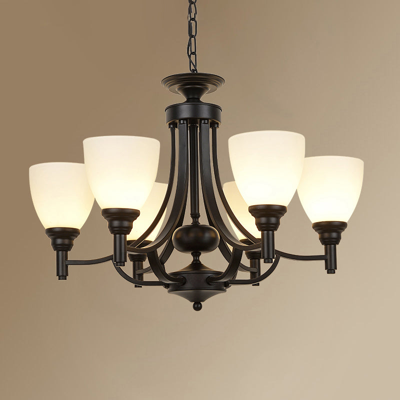 Black Ceiling Pendant Light Vintage White Glass Bell Shaped Chandelier for Dining Room