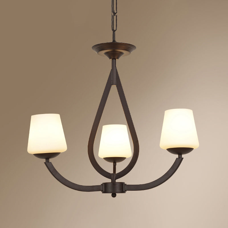 Metall schwarzer Finish Kronleuchter Swoop Arm Vintage Anhänger Licht mit konischem Milchglas Schatten