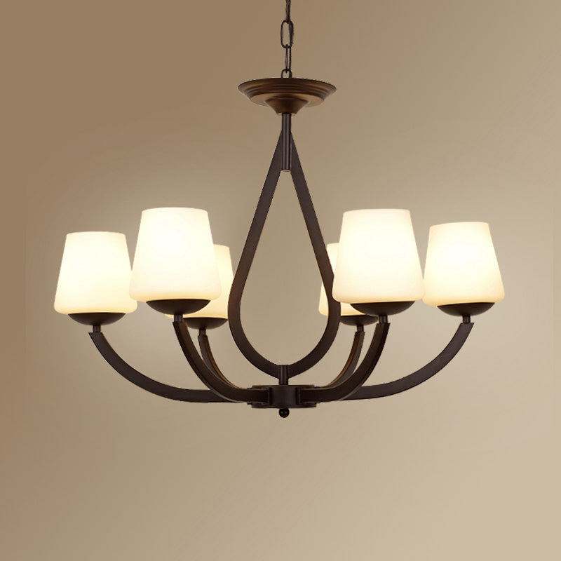 Metall schwarzer Finish Kronleuchter Swoop Arm Vintage Anhänger Licht mit konischem Milchglas Schatten